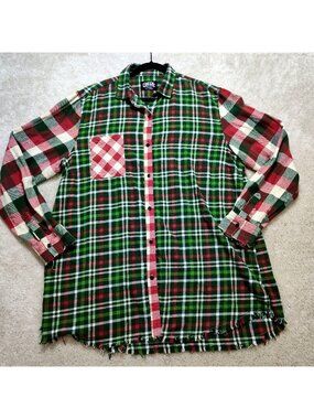 One24 Rags Distressed Frayed Hem Plaid Flannel Button-Up Shirt Women's XX-Large